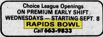 Rapids Bowl - Aug 31 1982 Ad